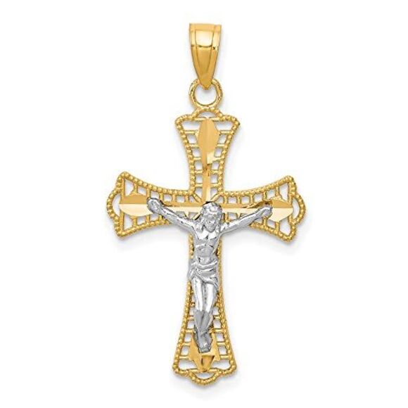 10K Yellow Gold w/Rhodium Diamond-Cut Crucifix Pendant